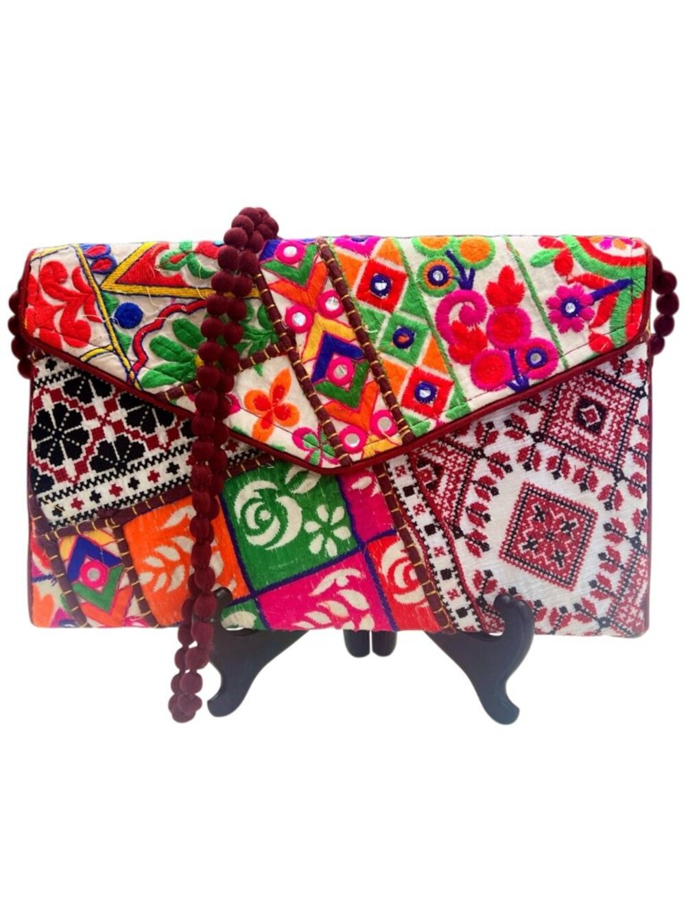 Handmade Multicolor Embroidered Clutch Purse With Beaded Strap Bohemian Ethnic